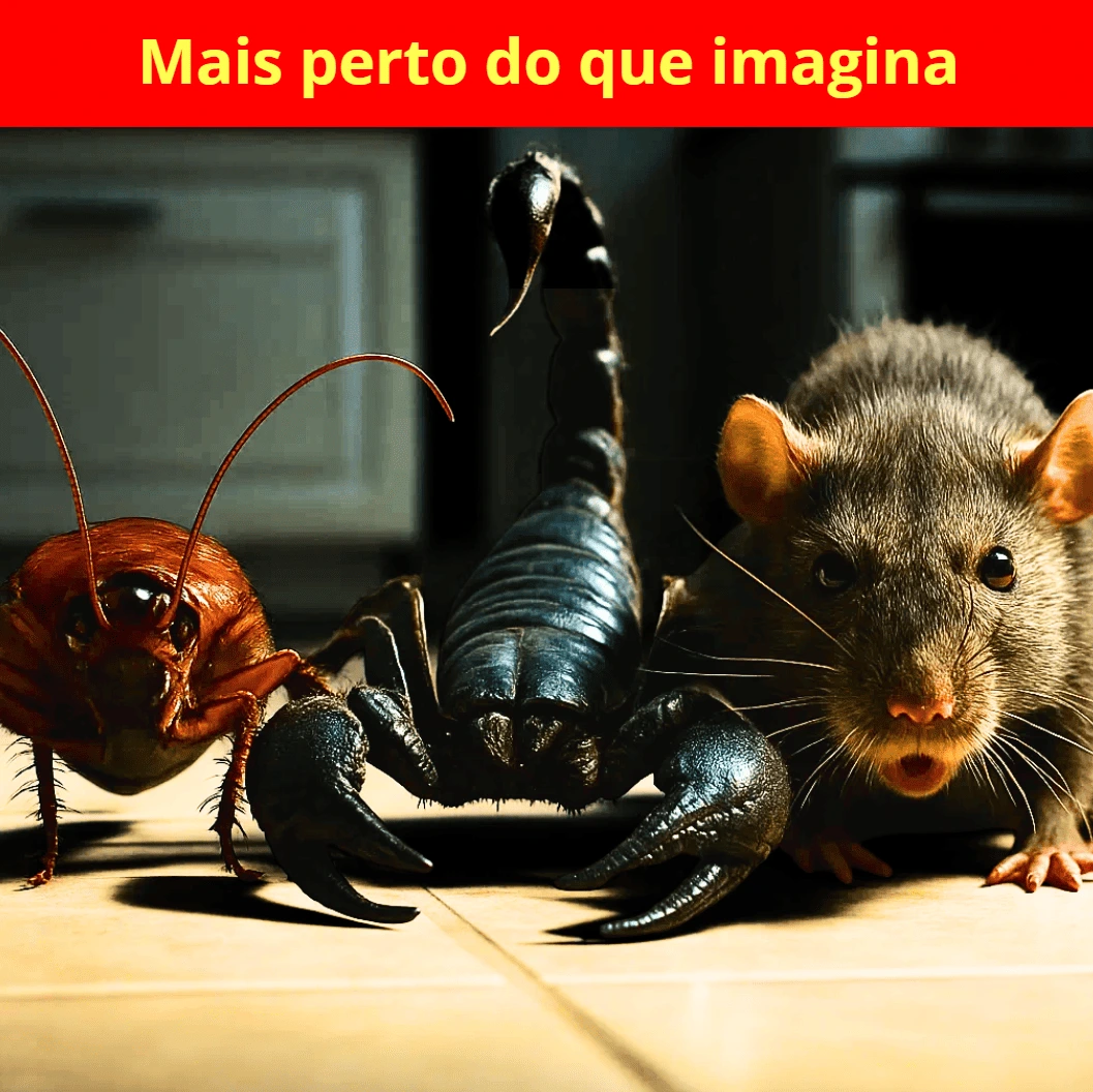 Barata, escorpião e rato em cozinha doméstica.